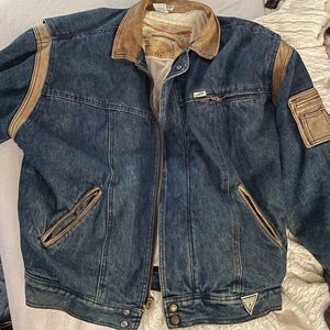 Vintage Guess Men’s Denim Jacket with Leather Trim